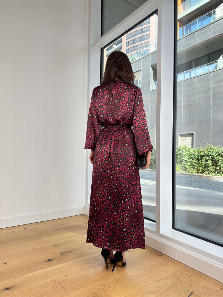 Kruvaze Yaka Belden Bağlamaı Desenli Jaan Fuşya Kadın Saten Elbise 25K225