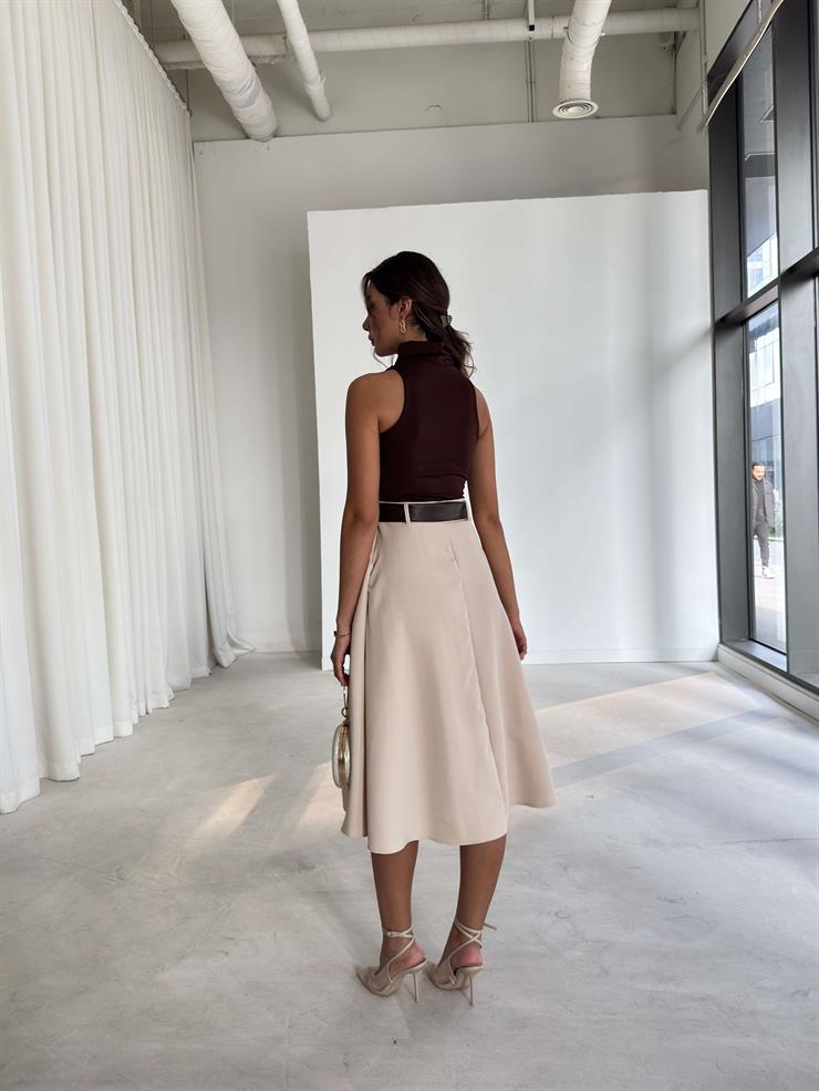 Kemerli Kolsuz Düğme Detaylı Jacob Kahve Kadın Elbise 26K250