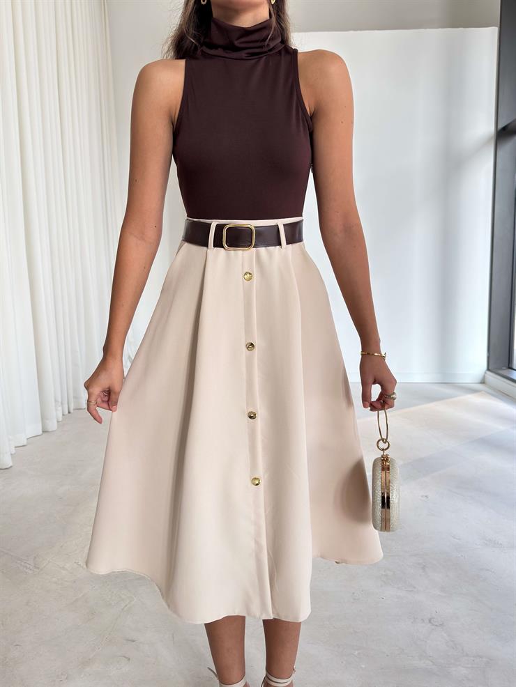 Kemerli Kolsuz Düğme Detaylı Jacob Kahve Kadın Elbise 26K250