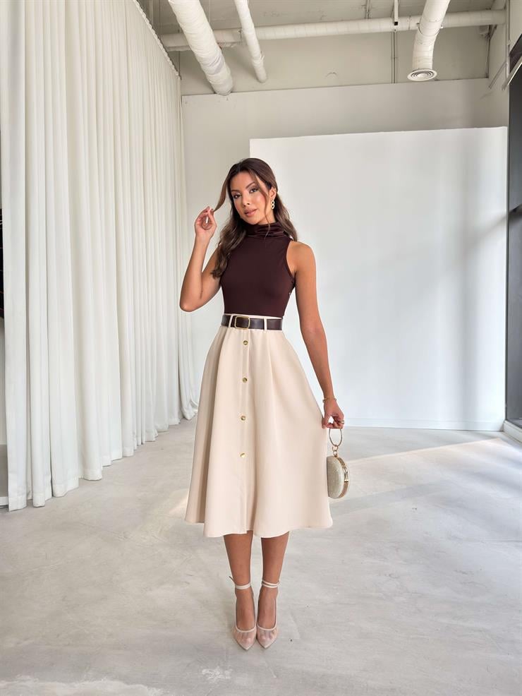 Kemerli Kolsuz Düğme Detaylı Jacob Kahve Kadın Elbise 26K250