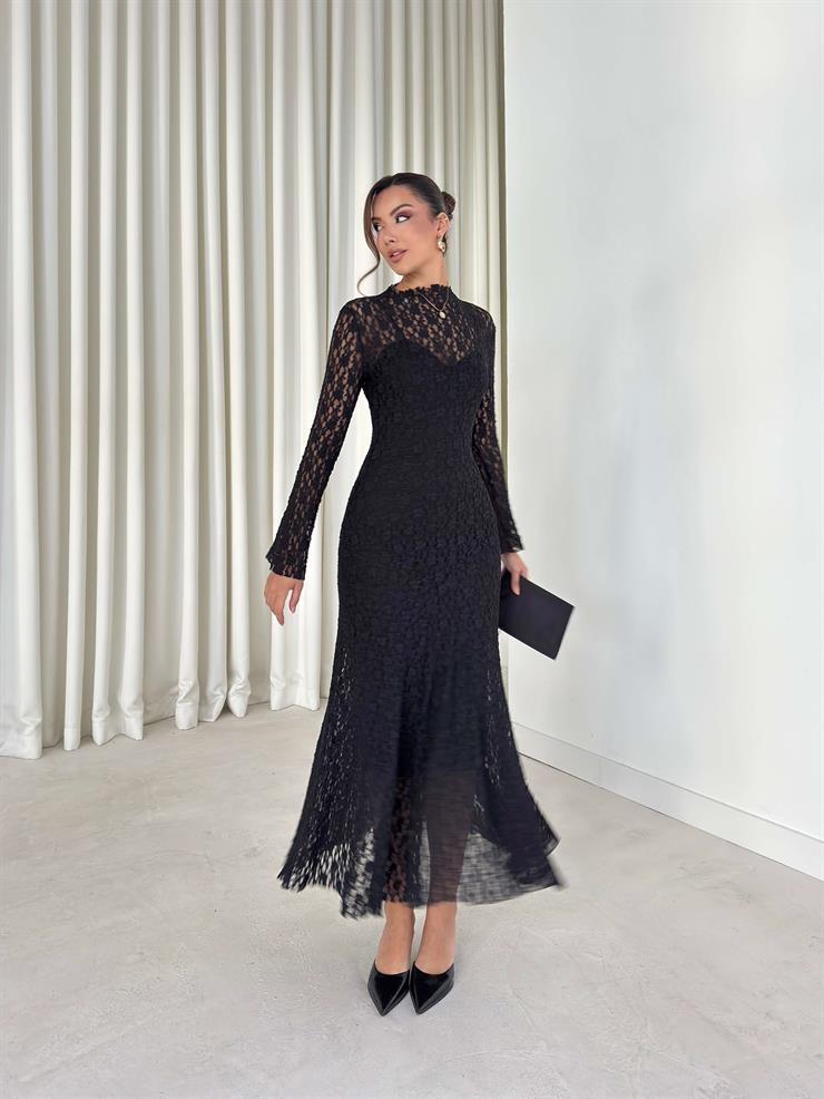 Astarlı Yelpaze Kol Jadon Siyah Kadın Dantelli Elbise 26K256