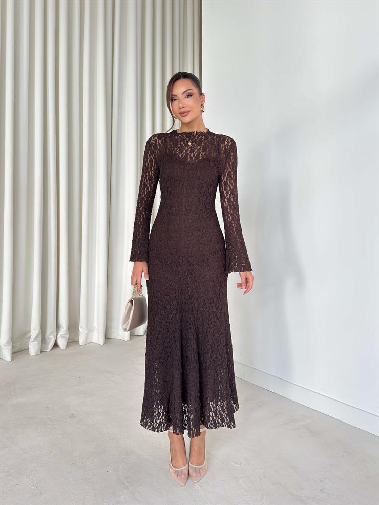 Astarlı Yelpaze Kol Jadon Kahve Kadın Dantelli Elbise 26K256