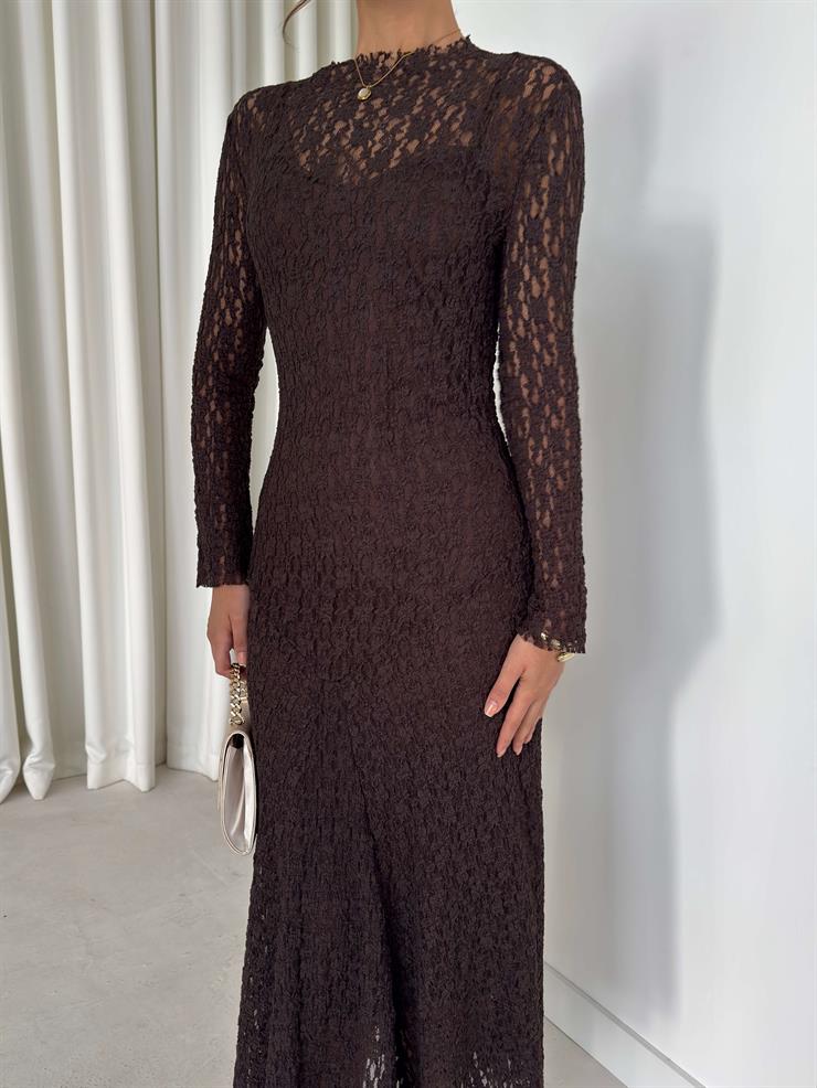 Astarlı Yelpaze Kol Jadon Kahve Kadın Dantelli Elbise 26K256