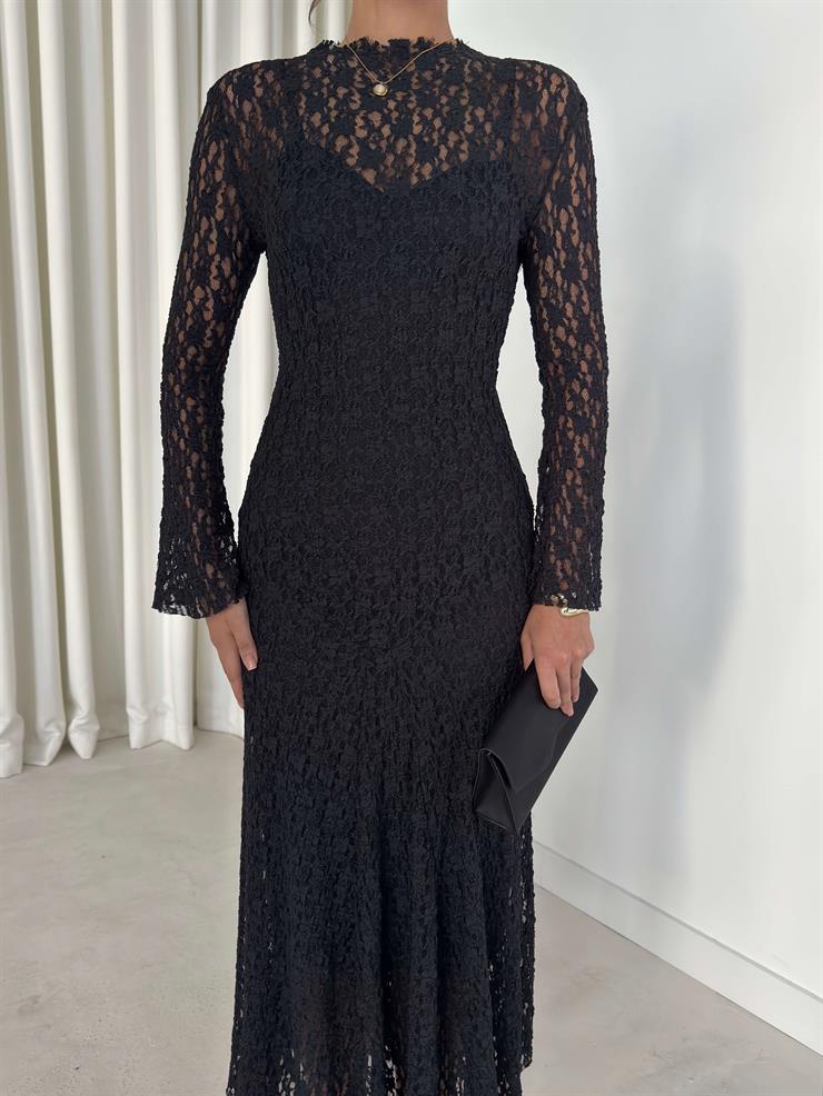 Astarlı Yelpaze Kol Jadon Siyah Kadın Dantelli Elbise 26K256