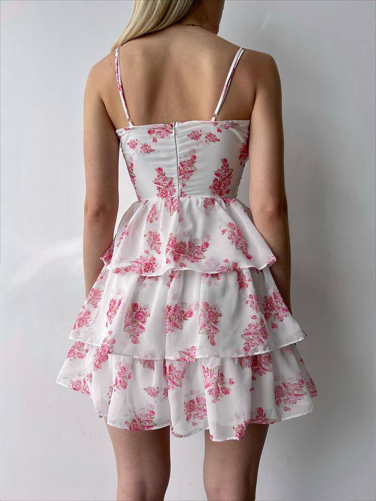 İnce Askılı Beli Gipeli Jadson Kadın Çiçekli Pembe Mini Elbise 23Y000268