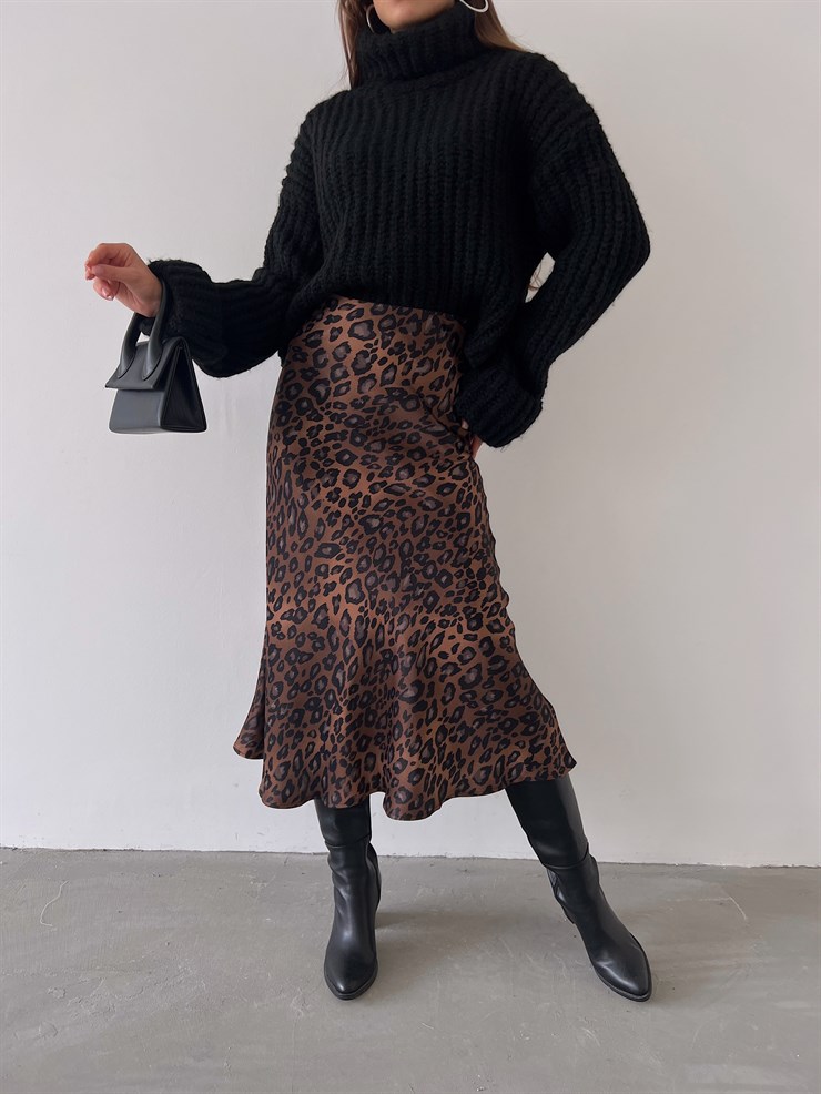 Yüksek Bel Saten Jadyn Kadın Kahve Midi Boy Etek 23K000214