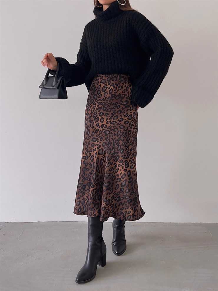 Yüksek Bel Saten Jadyn Kadın Kahve Midi Boy Etek 23K000214