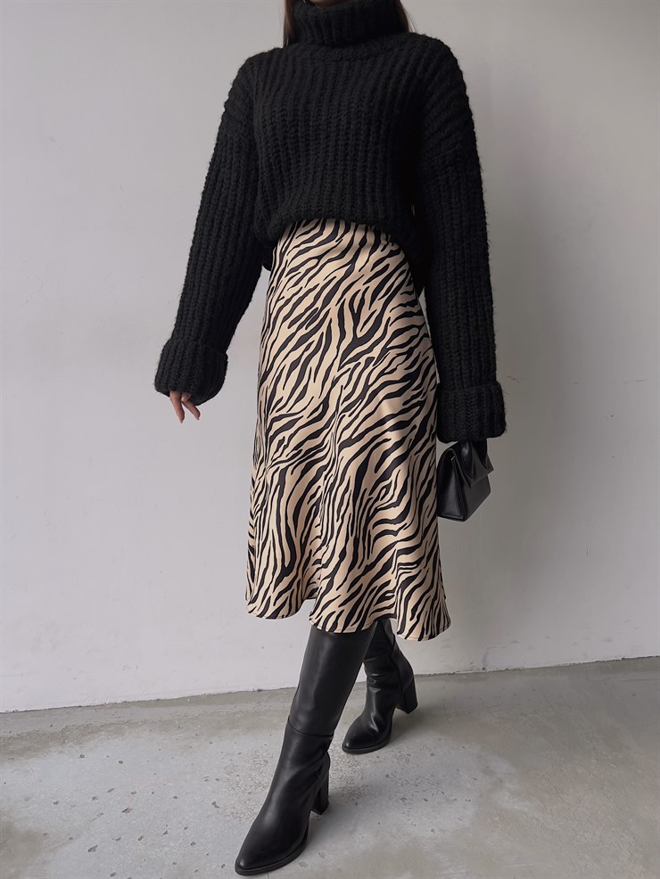 Yüksek Bel Saten Jadyn Kadın Leopar Desen Midi Boy Etek 23K000214