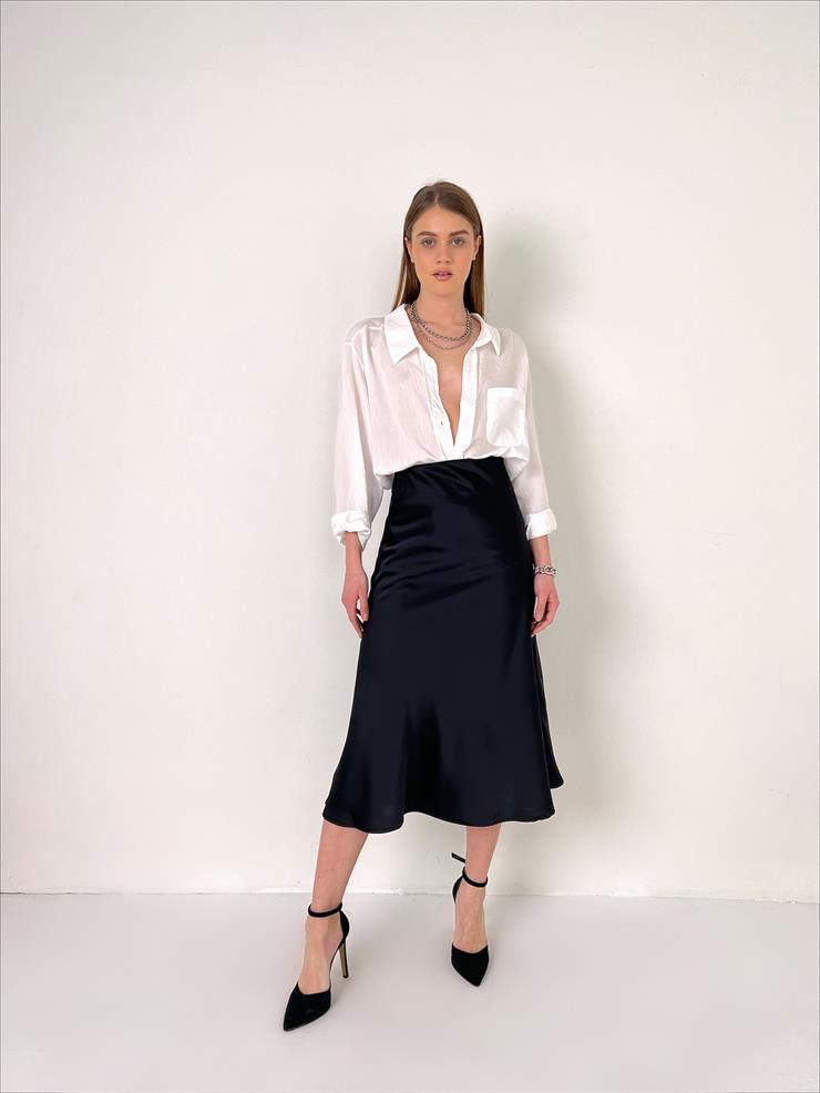 Yüksek Bel Saten Jadyn Kadın Siyah Midi Boy Etek 23K000214