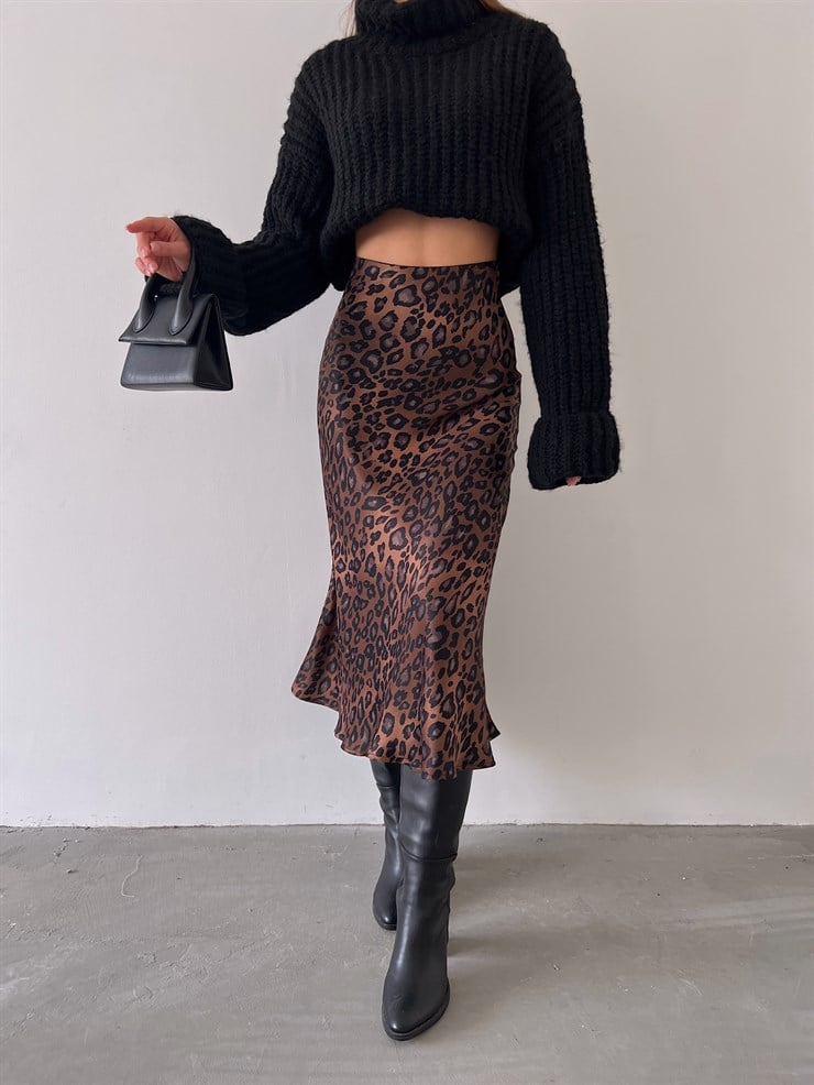 Yüksek Bel Saten Jadyn Kadın Kahve Midi Boy Etek 23K000214