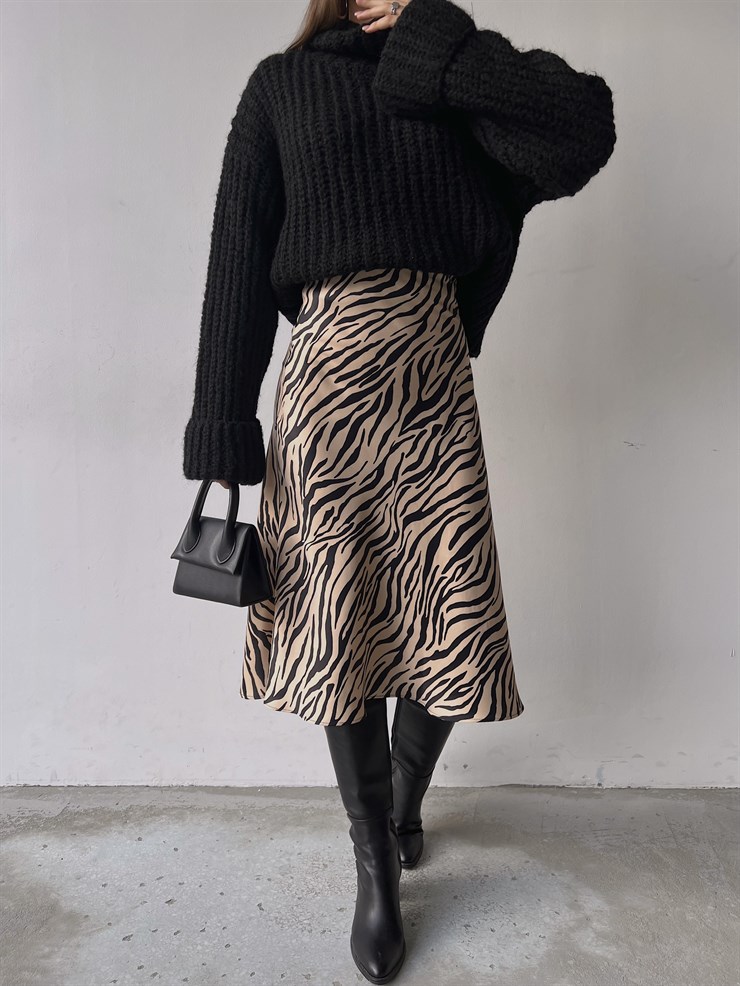 Yüksek Bel Saten Jadyn Kadın Leopar Desen Midi Boy Etek 23K000214