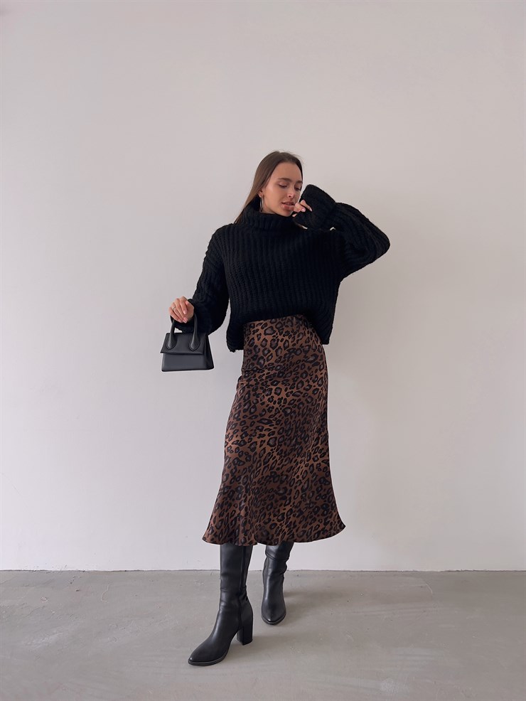 Yüksek Bel Saten Jadyn Kadın Kahve Midi Boy Etek 23K000214