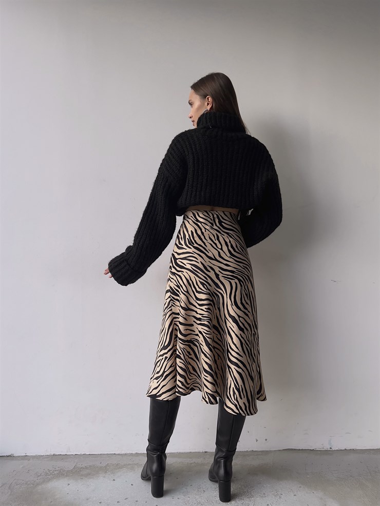 Yüksek Bel Saten Jadyn Kadın Leopar Desen Midi Boy Etek 23K000214