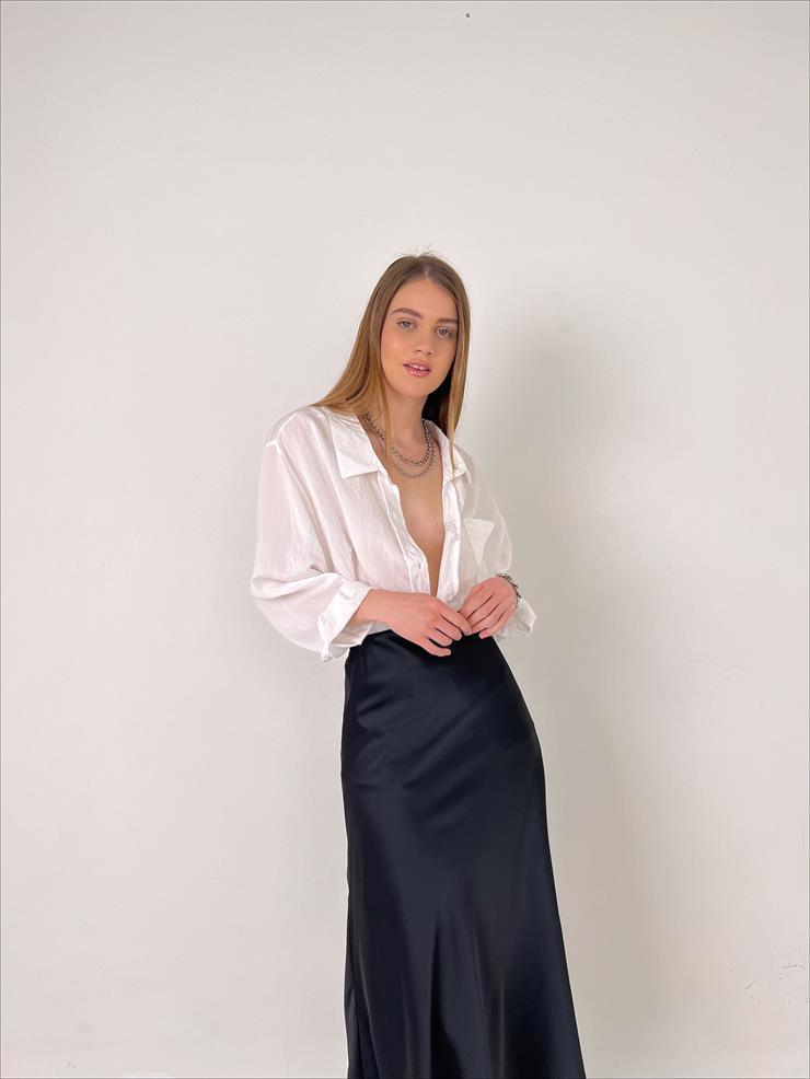 Yüksek Bel Saten Jadyn Kadın Siyah Midi Boy Etek 23K000214