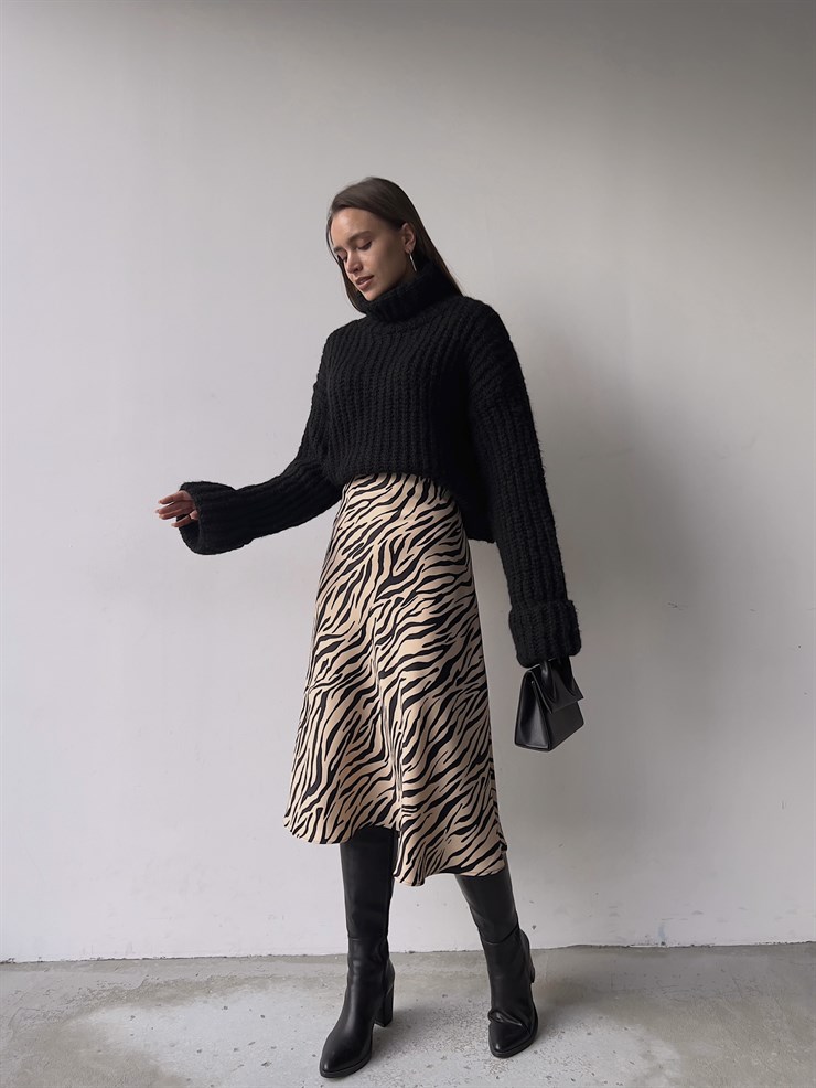 Yüksek Bel Saten Jadyn Kadın Leopar Desen Midi Boy Etek 23K000214