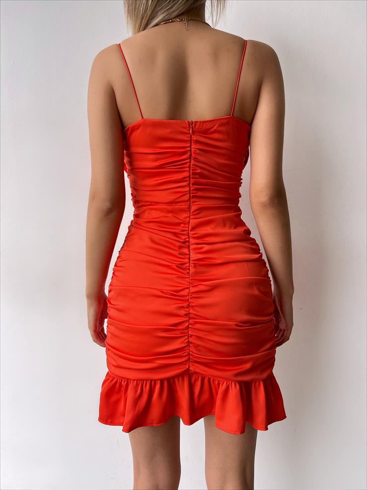 Askılı Degaje Yaka Eteği Drape Detaylı Jahr Kadın Turuncu Mini Elbise 23Y000248