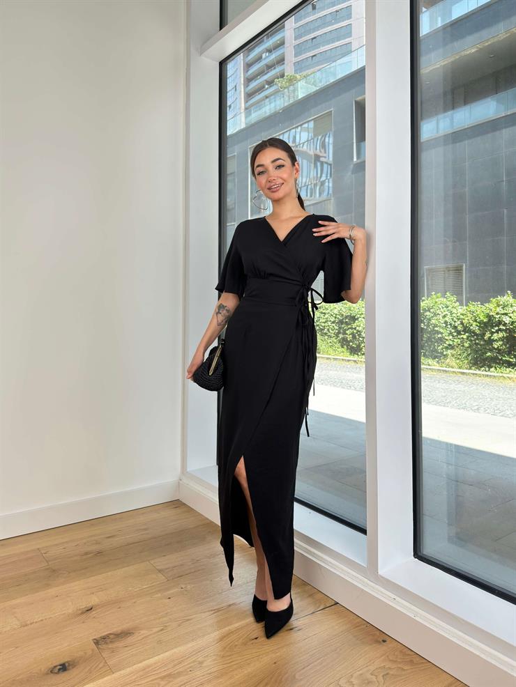 Yarım Kol Kruvaze Yandan Bağlamalı Jahzeel Kadın Siyah Elbise 24Y612