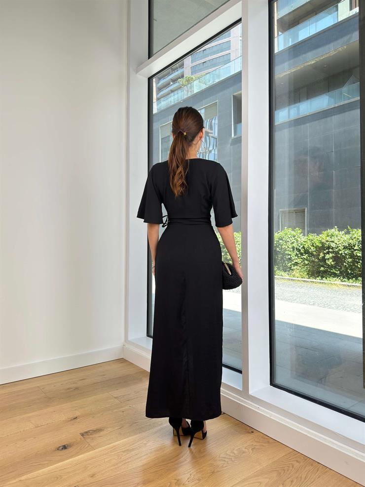 Yarım Kol Kruvaze Yandan Bağlamalı Jahzeel Kadın Siyah Elbise 24Y612