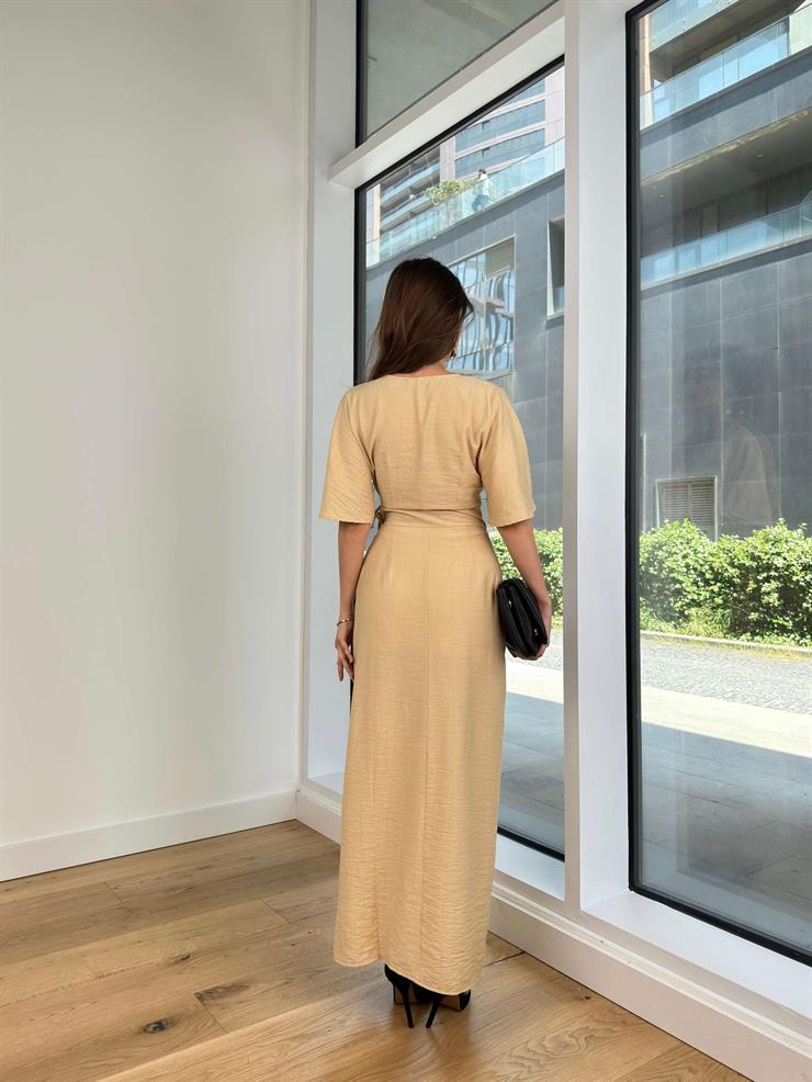 Yarım Kol Kruvaze Yandan Bağlamalı Jahzeel Kadın Bej Elbise 24Y612