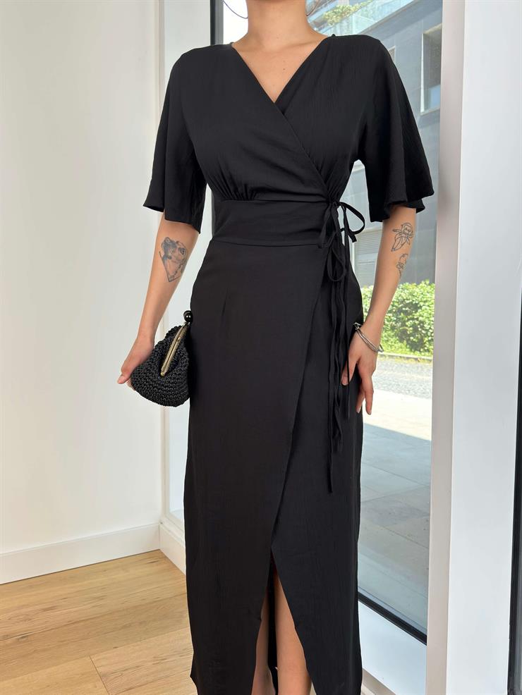 Yarım Kol Kruvaze Yandan Bağlamalı Jahzeel Kadın Siyah Elbise 24Y612