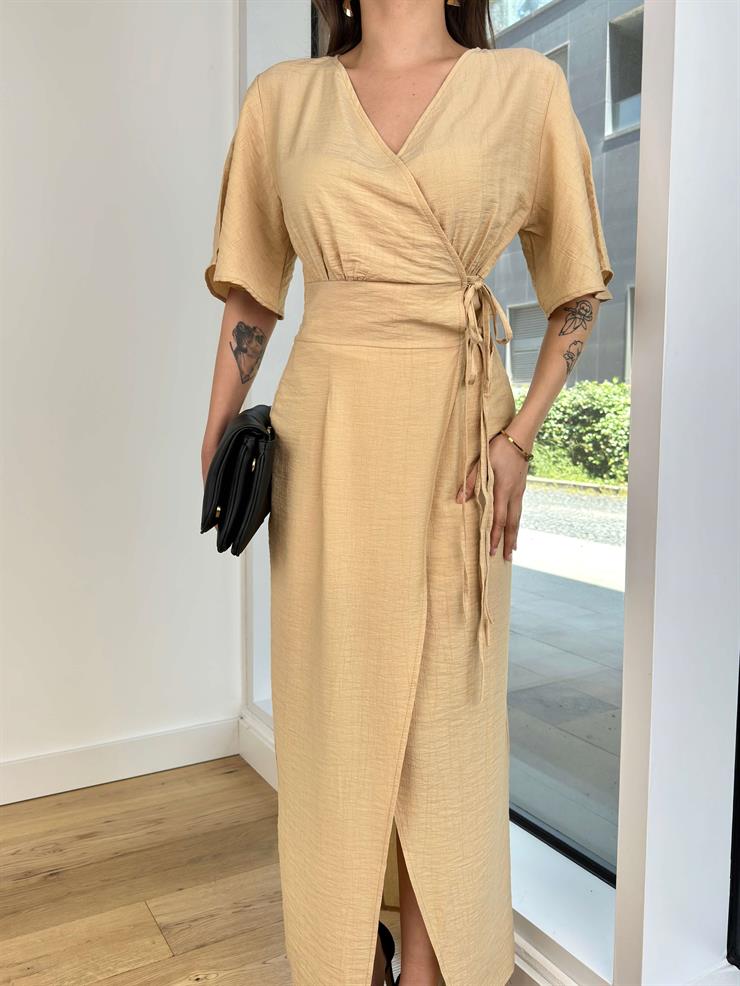 Yarım Kol Kruvaze Yandan Bağlamalı Jahzeel Kadın Bej Elbise 24Y612