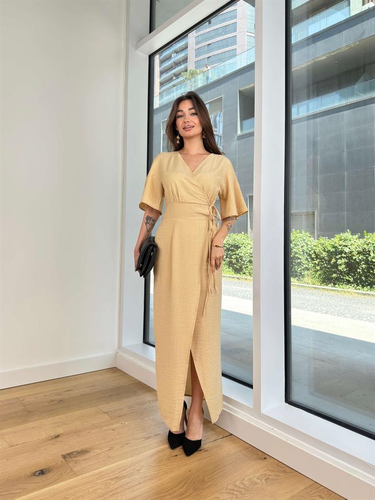 Yarım Kol Kruvaze Yandan Bağlamalı Jahzeel Kadın Bej Elbise 24Y612