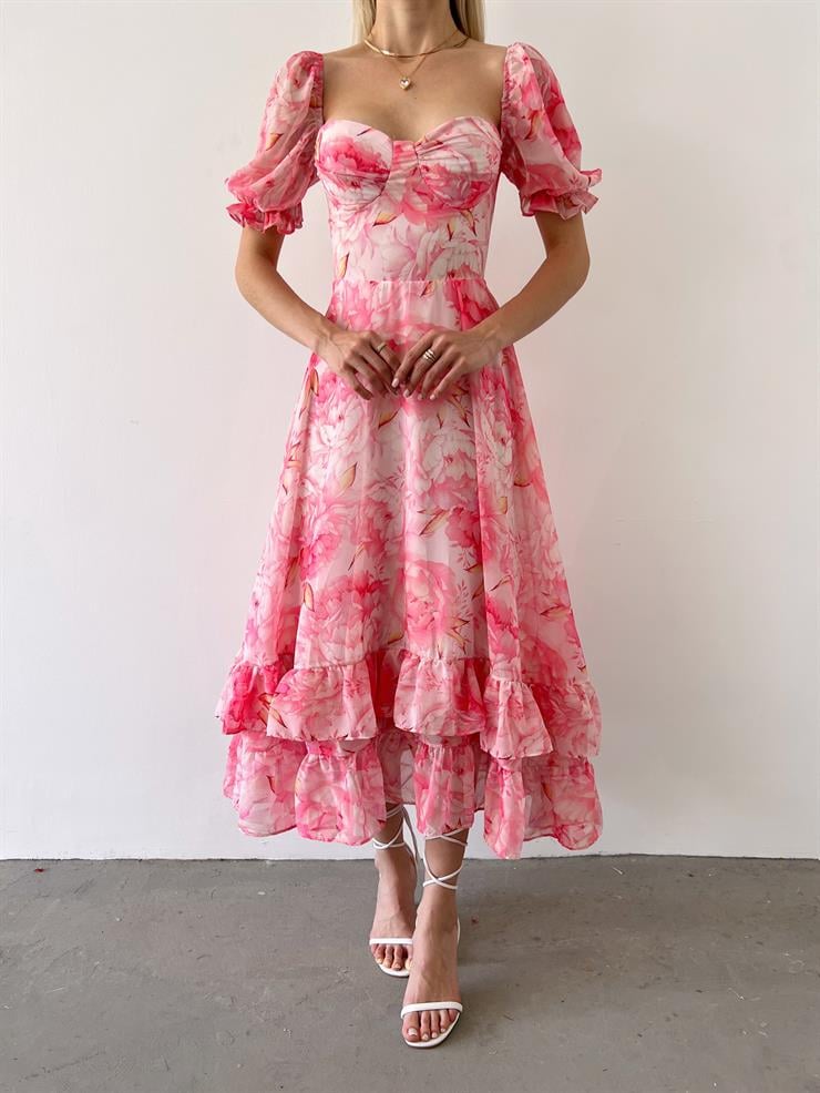 Kısa Tül Kol Eteği Fırfırlı Şifon Çiçekli Jaine Kadın Pembe Elbise 23Y000391
