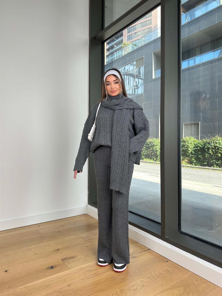 Boğazlı Oversize Kazak Bol Paça Pantolon Ve Atkı Jaka Antrasit Kadın Takım 25K490