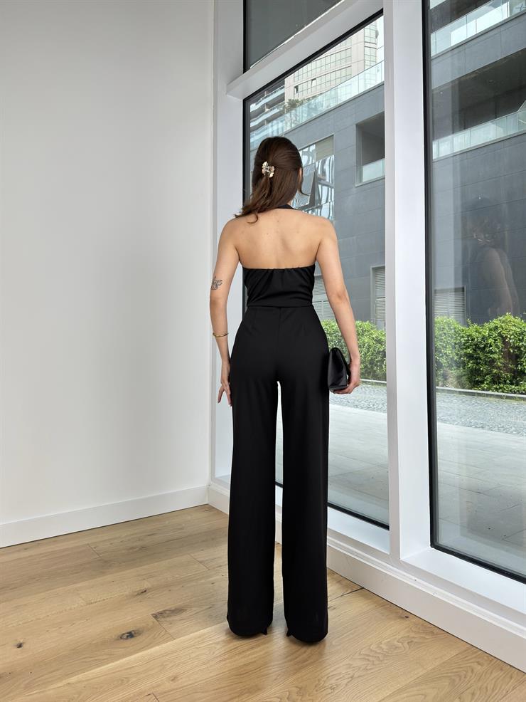 Boyundan Askılı Önü Düğmeli Bol Paça Jakub Kadın Siyah Tulum 24Y405