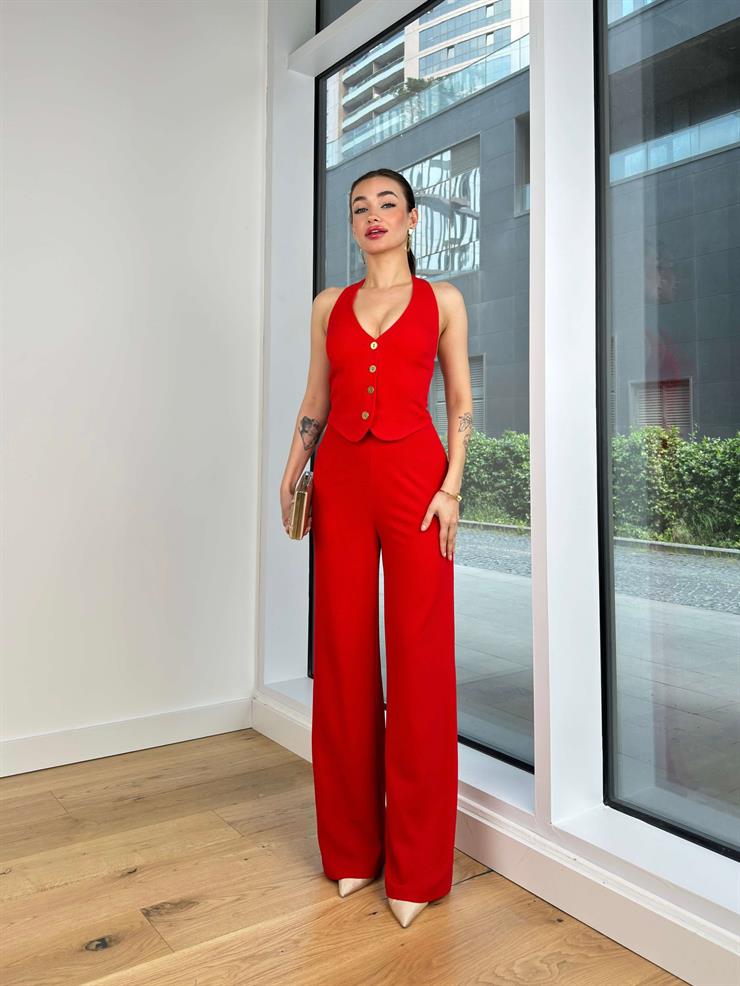 Boyundan Askılı Önü Düğmeli Bol Paça Jakub Kadın Kırmızı Tulum 24Y405