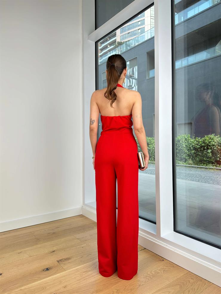 Boyundan Askılı Önü Düğmeli Bol Paça Jakub Kadın Kırmızı Tulum 24Y405