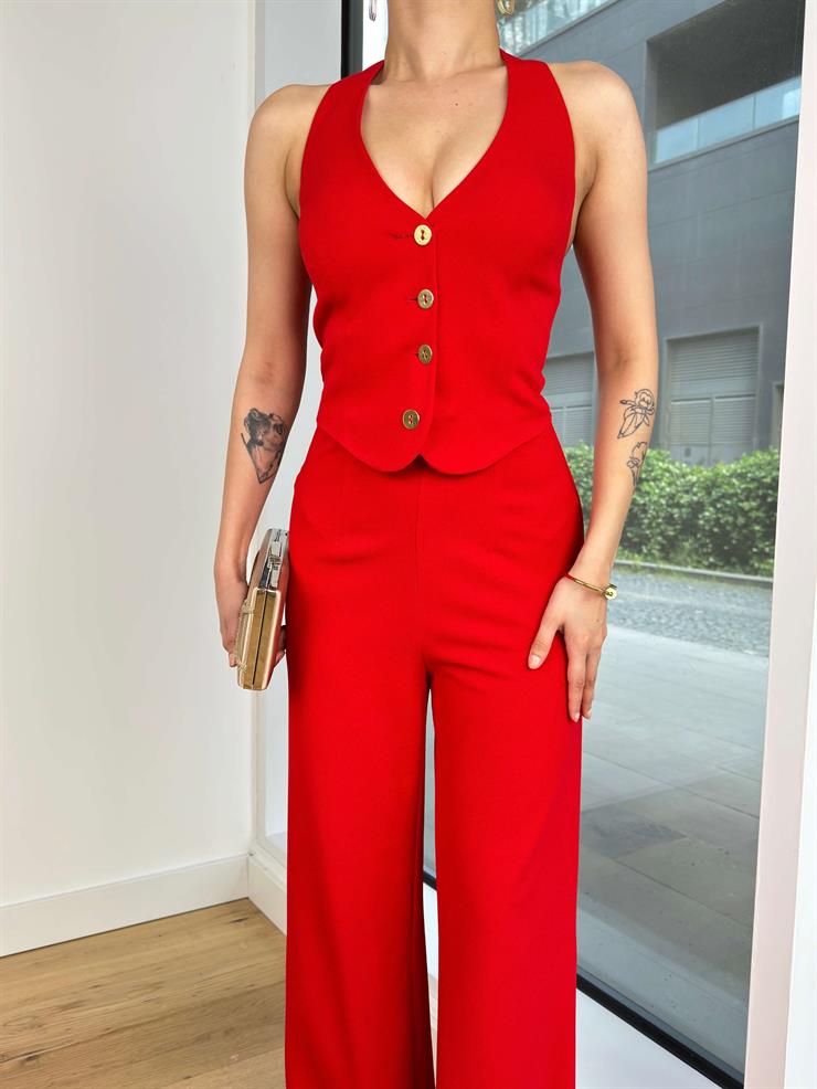 Boyundan Askılı Önü Düğmeli Bol Paça Jakub Kadın Kırmızı Tulum 24Y405