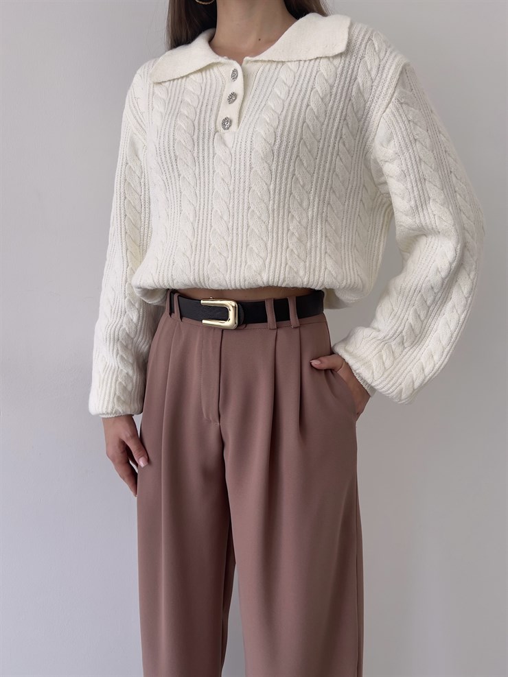 Gömlek Yaka Önü Düğme Kapamalı Balon Kol Jameson Kadın Ekru Kazak 23K000262