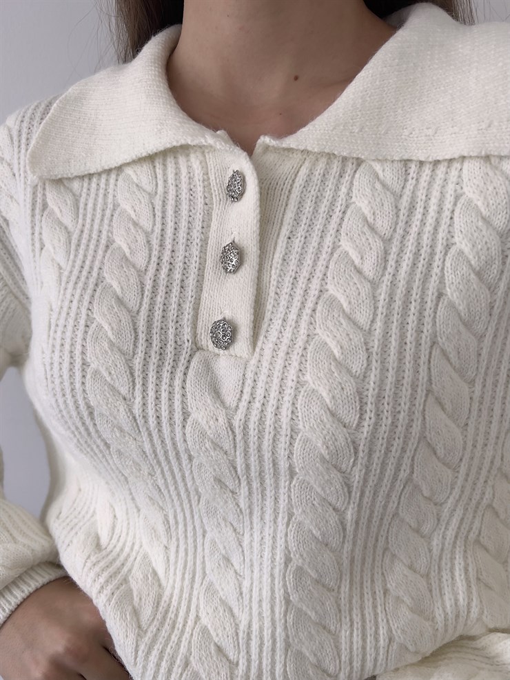 Gömlek Yaka Önü Düğme Kapamalı Balon Kol Jameson Kadın Ekru Kazak 23K000262