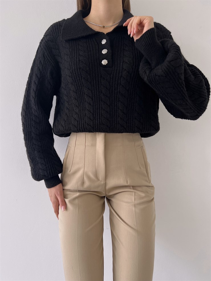 Gömlek Yaka Önü Düğme Kapamalı Balon Kol Jameson Kadın Siyah Kazak 23K000262