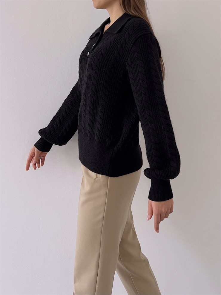 Gömlek Yaka Önü Düğme Kapamalı Balon Kol Jameson Kadın Siyah Kazak 23K000262