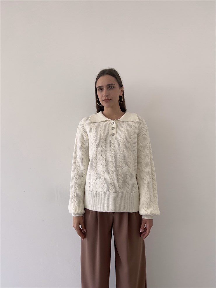 Gömlek Yaka Önü Düğme Kapamalı Balon Kol Jameson Kadın Ekru Kazak 23K000262
