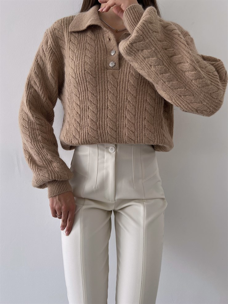 Gömlek Yaka Önü Düğme Kapamalı Balon Kol Jameson Kadın Camel Kazak 23K000262