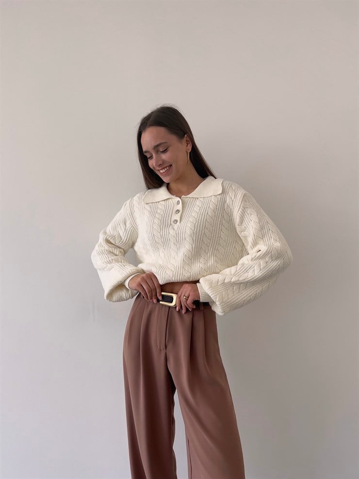 Gömlek Yaka Önü Düğme Kapamalı Balon Kol Jameson Kadın Ekru Kazak 23K000262