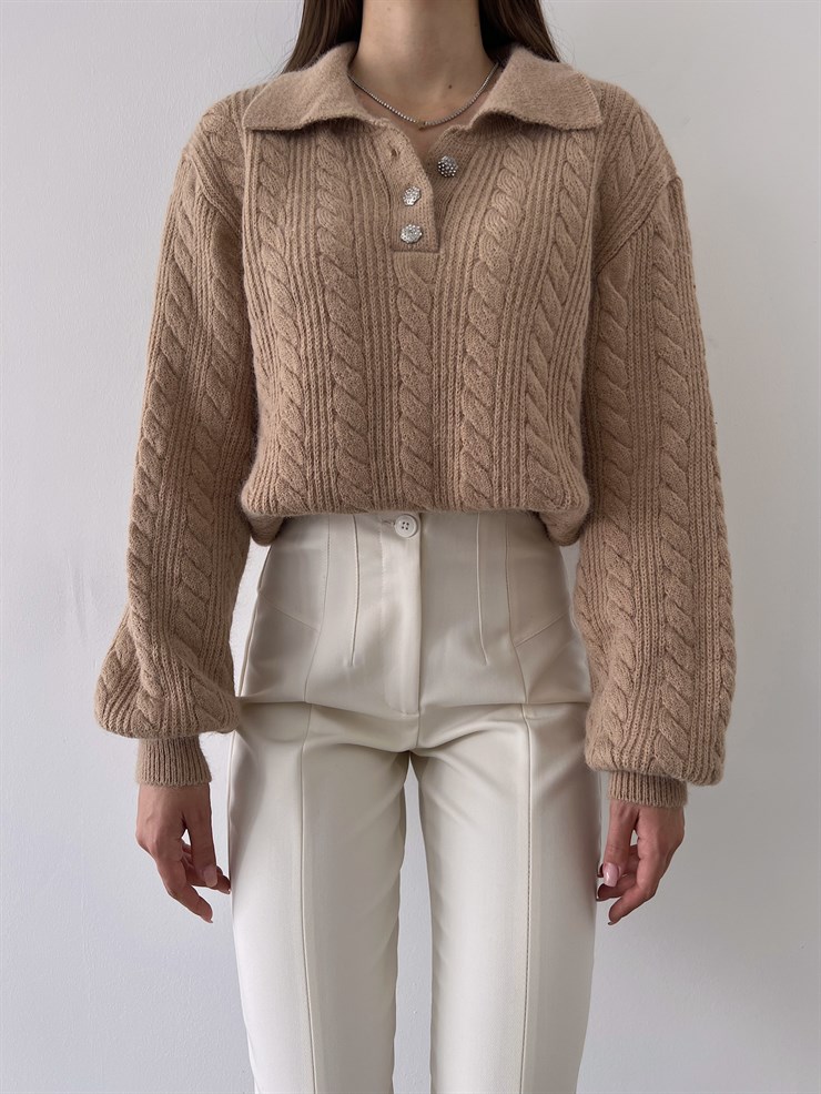 Gömlek Yaka Önü Düğme Kapamalı Balon Kol Jameson Kadın Camel Kazak 23K000262