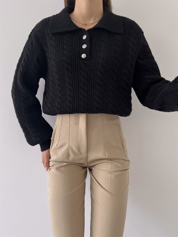 Gömlek Yaka Önü Düğme Kapamalı Balon Kol Jameson Kadın Siyah Kazak 23K000262