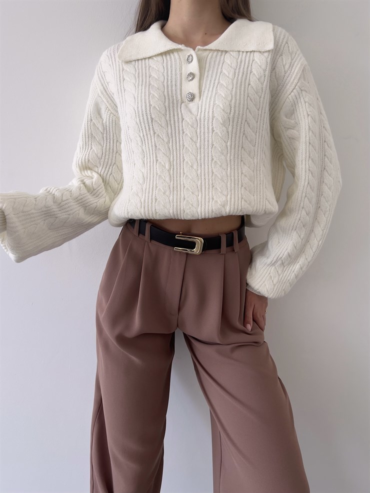 Gömlek Yaka Önü Düğme Kapamalı Balon Kol Jameson Kadın Ekru Kazak 23K000262