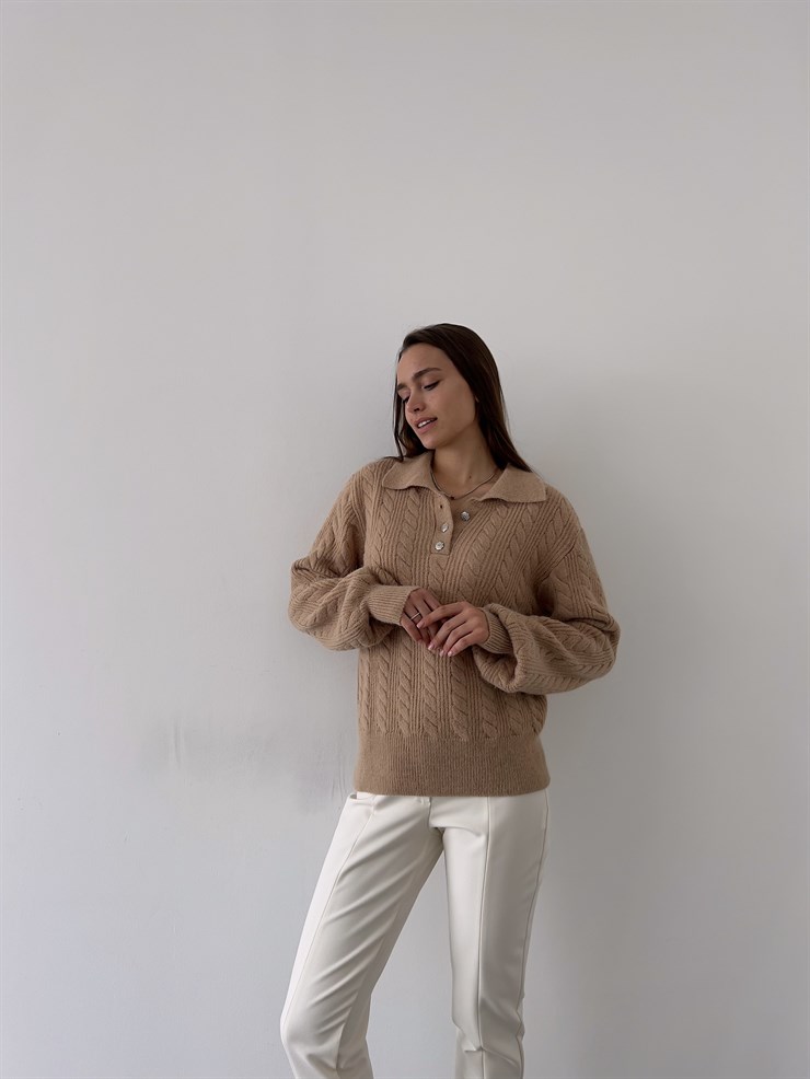 Gömlek Yaka Önü Düğme Kapamalı Balon Kol Jameson Kadın Camel Kazak 23K000262