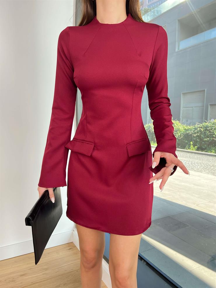 Cep Görünümlü Uzun Kollu Jamilly Kadın Bordo Mini Elbise 24k434