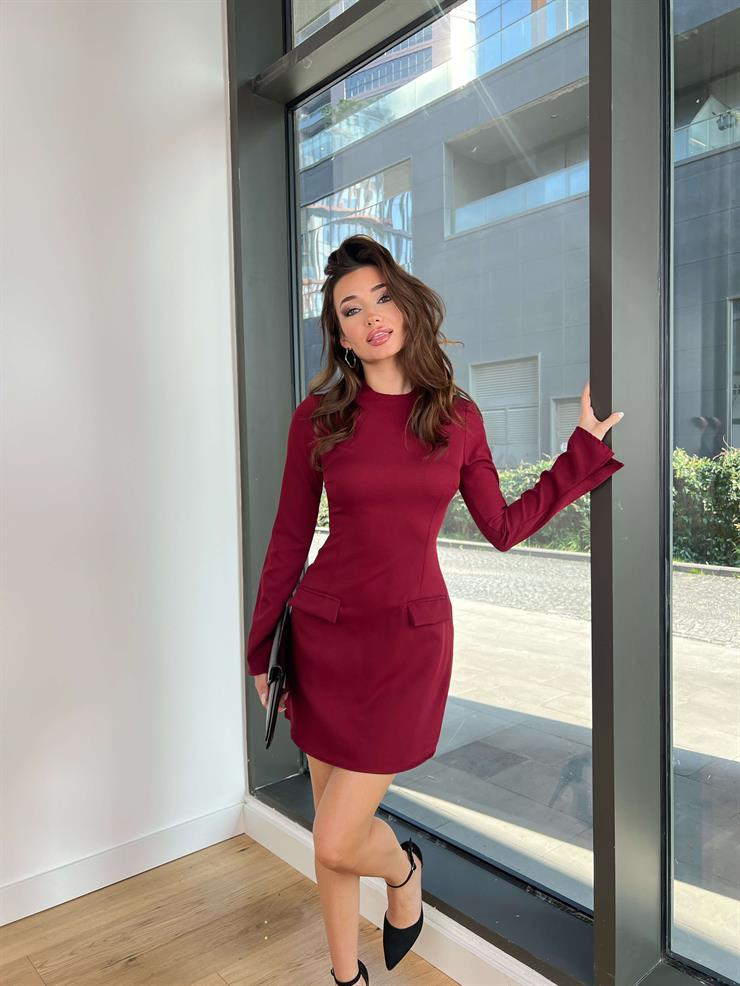 Cep Görünümlü Uzun Kollu Jamilly Kadın Bordo Mini Elbise 24k434