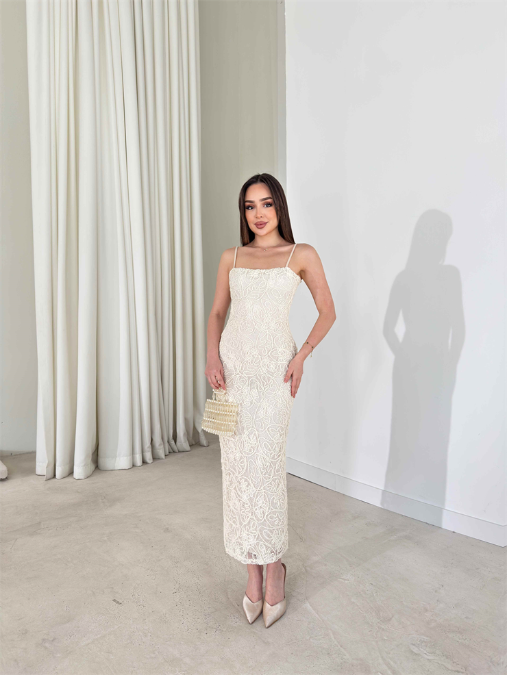 İnce Askılı Kalem Model Midi Boy Ekru Jamya Kadın Elbise 26Y187