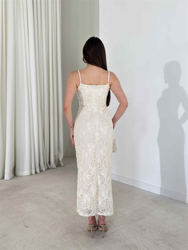 İnce Askılı Kalem Model Midi Boy Ekru Jamya Kadın Elbise 26Y187