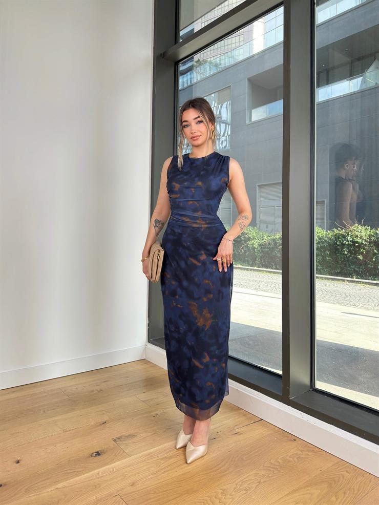 Yuvarlak Yaka Kolsuz Drapeli Desenli Janai Lacivert Kadın Elbise 25K473