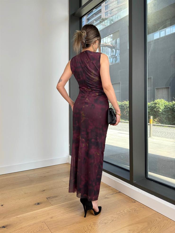 Yuvarlak Yaka Kolsuz Drapeli Desenli Janai Bordo Kadın Elbise 25K473