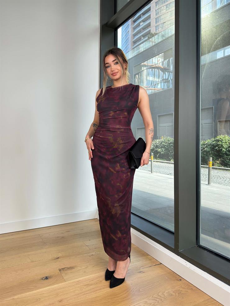 Yuvarlak Yaka Kolsuz Drapeli Desenli Janai Bordo Kadın Elbise 25K473